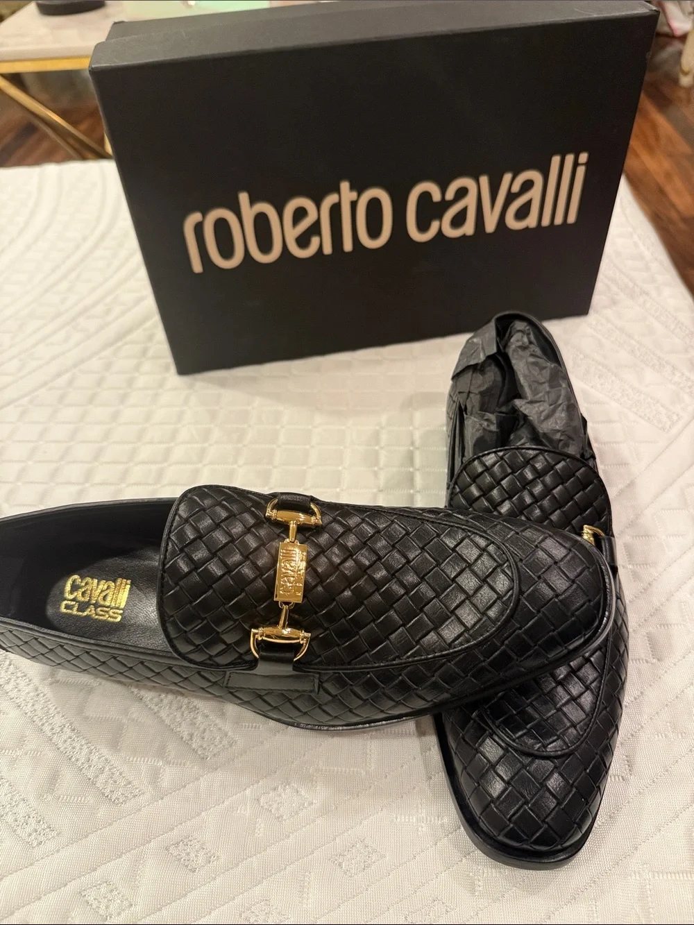 Men’s Roberto Cavalli Black Leather Loafers with Gold Hardware